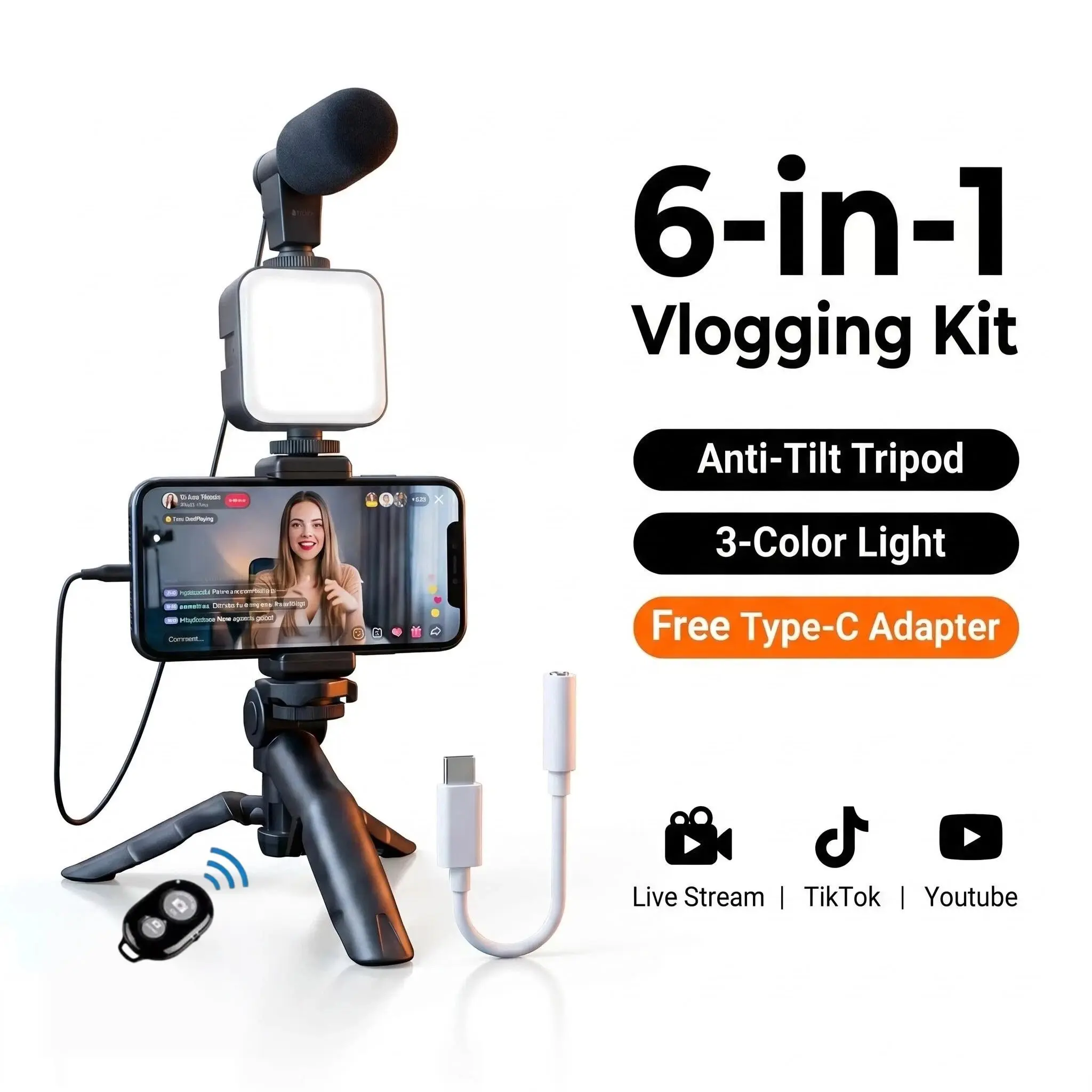 Vlogging Kit, Live Stream Gear, Smartphone Selfie Stick, 6-in-1 Anti-Tilt Tripod 3-Color Light Noise Mic BT Remote Free Type-C Adapter, Reinforced Bracket, iPhone Android, Travel Indoor Outdoor, TikTok Youtube, Plug & Play Creator Kit