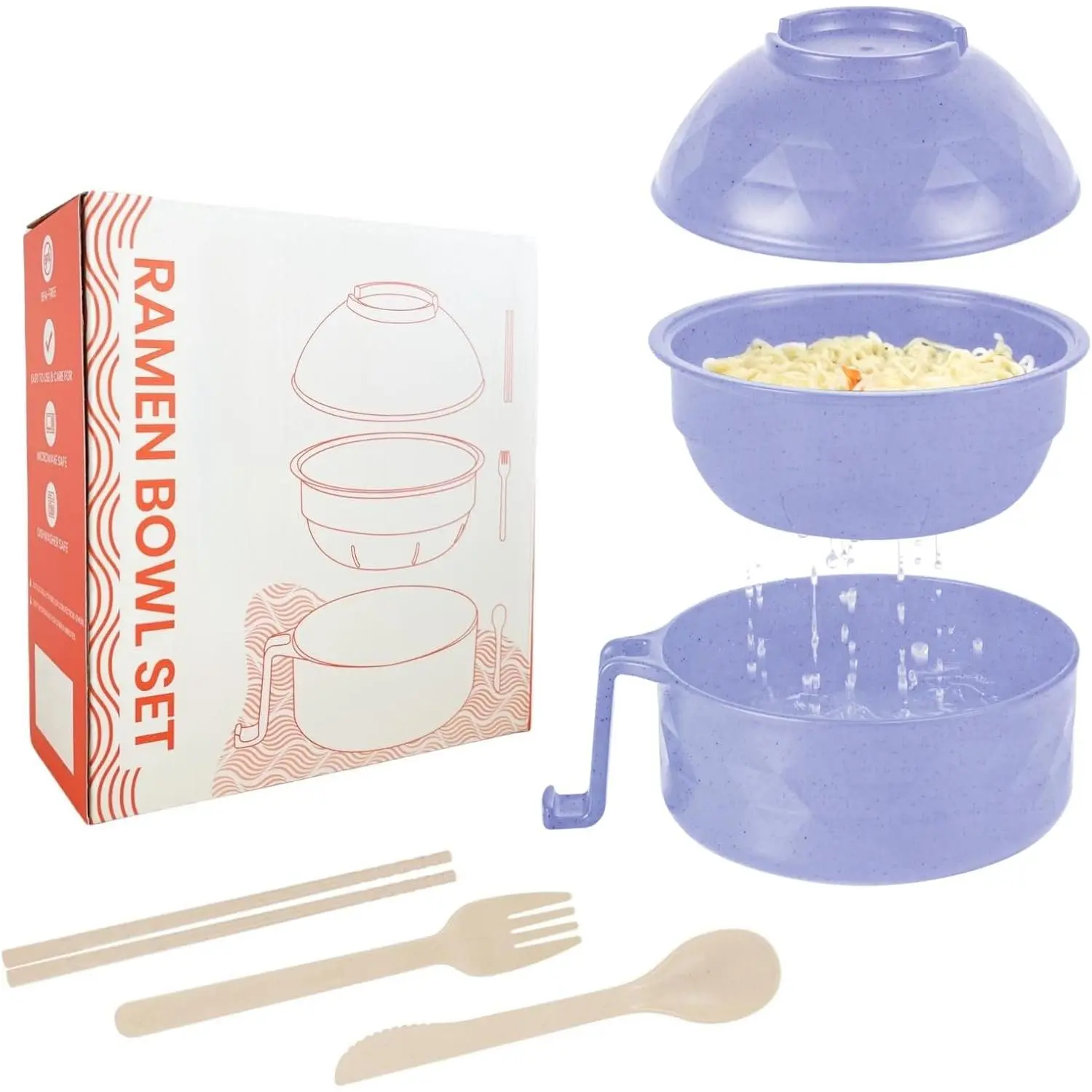 BPA-Free Light Purple Microwave Ramen Plastic Bowl Set with Chopsticks and Spoon, 1 Set College Dorm Room Essentials for Students, Apartment Must-Haves (Includes Chopsticks), One Set