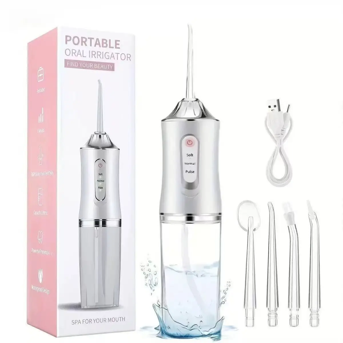 Portable rechargeable water flosser, 4 nozzles suitable for teeth and gum irrigator, oral cleaner, Cordless water flosser