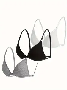 Women's Plain Wireless Triangle Bra, Adjustable Strap Backless Bralette, Soft Comfortable Elegant Lingerie Top for All Seasons
