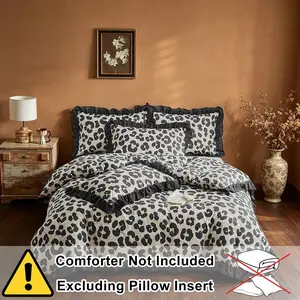 2/3 pcs Leopard Print Duvet Cover Set with Black Ruffles, Smooth Zipper and Corner Straps, Breathable Comfortable Bedding with Matching Pillowcases, Romantic Bedroom Decoration and All-Season Holiday or Birthday Gift, Bedding Sets (no filling)