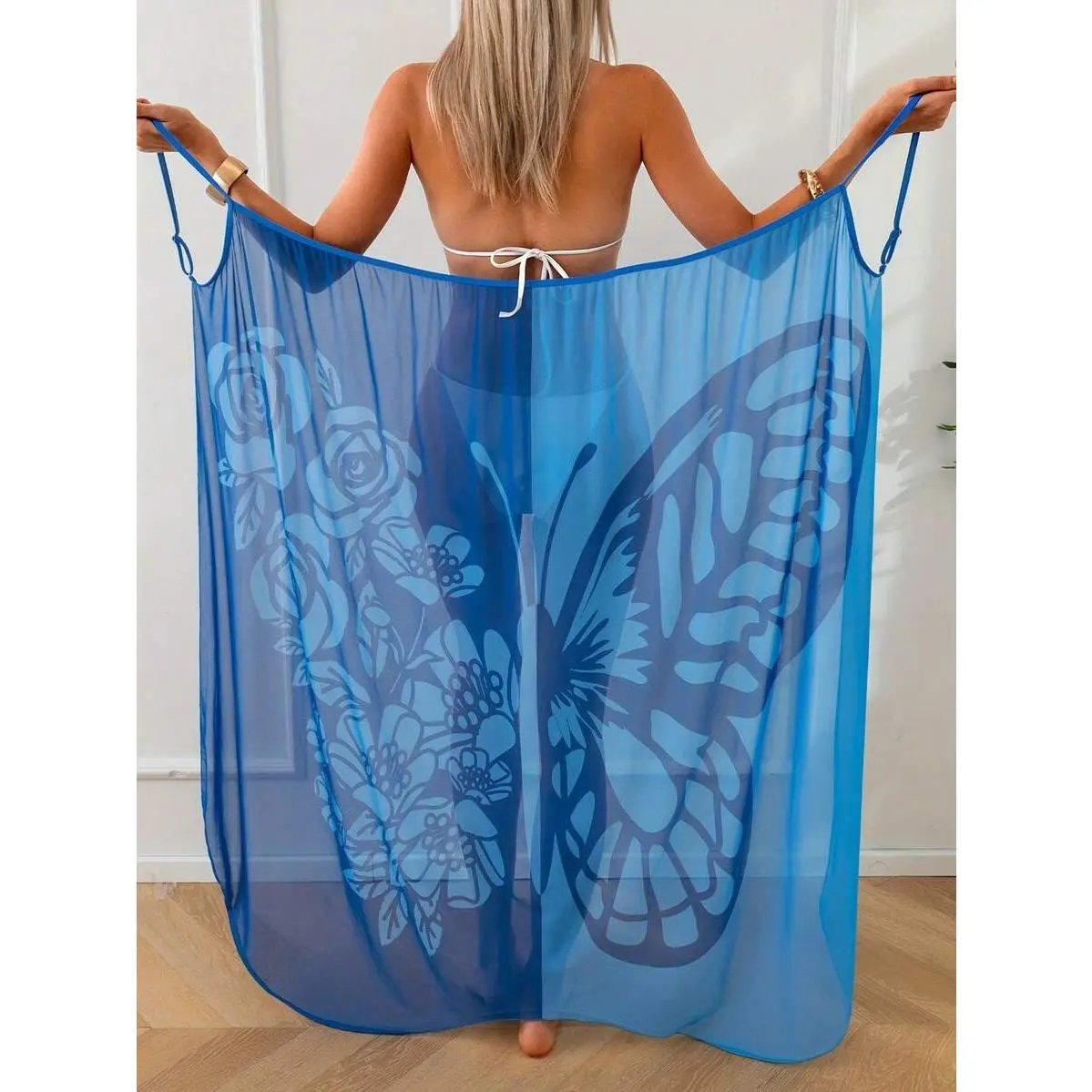Women Bright Royal Blue Semi-Sheer Chiffon Mesh Large Scale Butterfly With Rose Floral Graphic Printed Adjustable Strap Tie Lightweight Breathable Multi-Wear Versatile Beach Sarong Waist Wrap Skirt + Shoulder Shawl Summer Vacation Swimwear Cover Up, Sleev