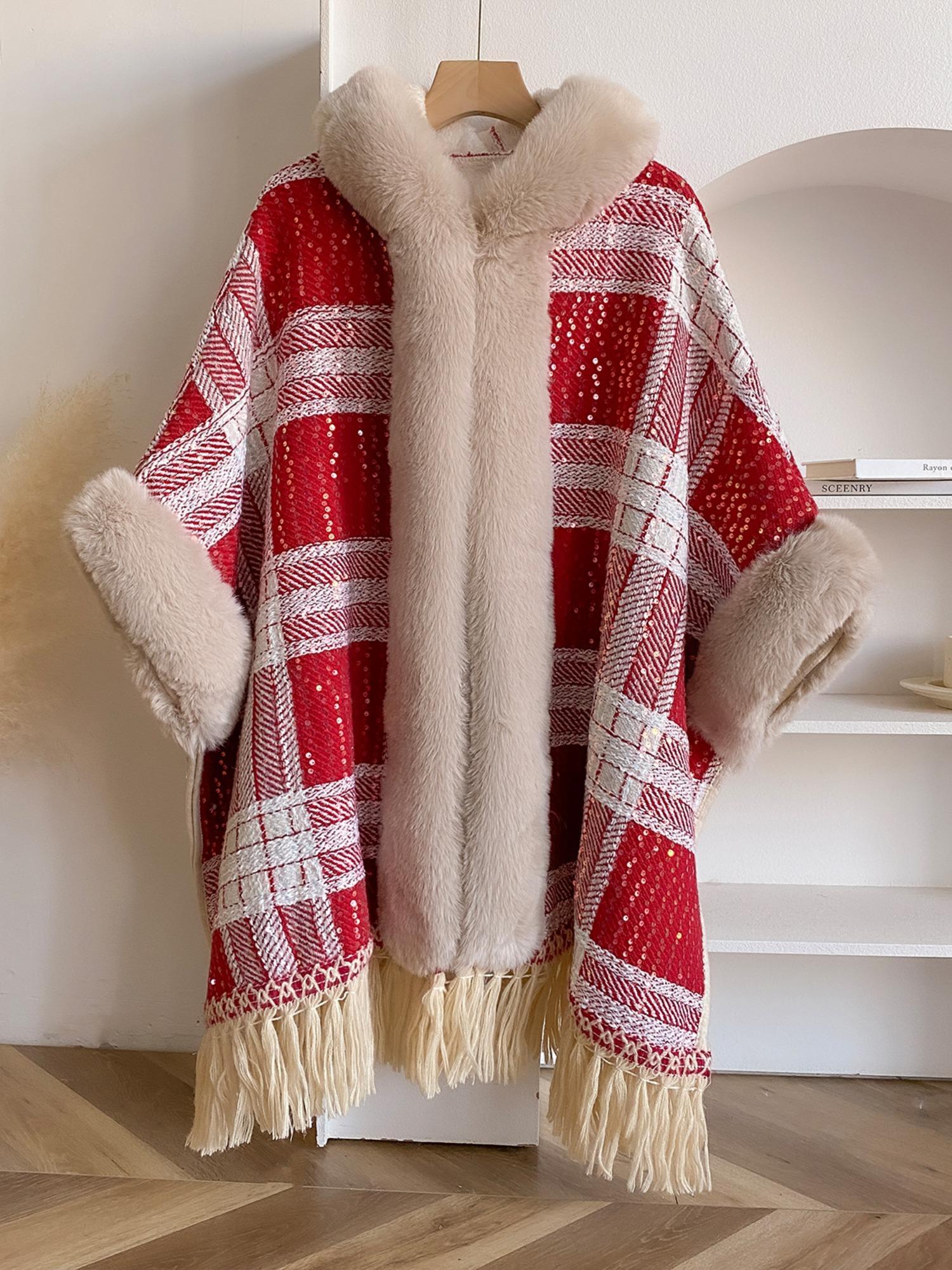 Women's Tartan Print Fur Trim Shawl Collar Cape Coat, Casual Fringe Trim Long Sleeve Open Front Outerwear for Fall & Winter, Women's Clothing for Daily Wear, Lady