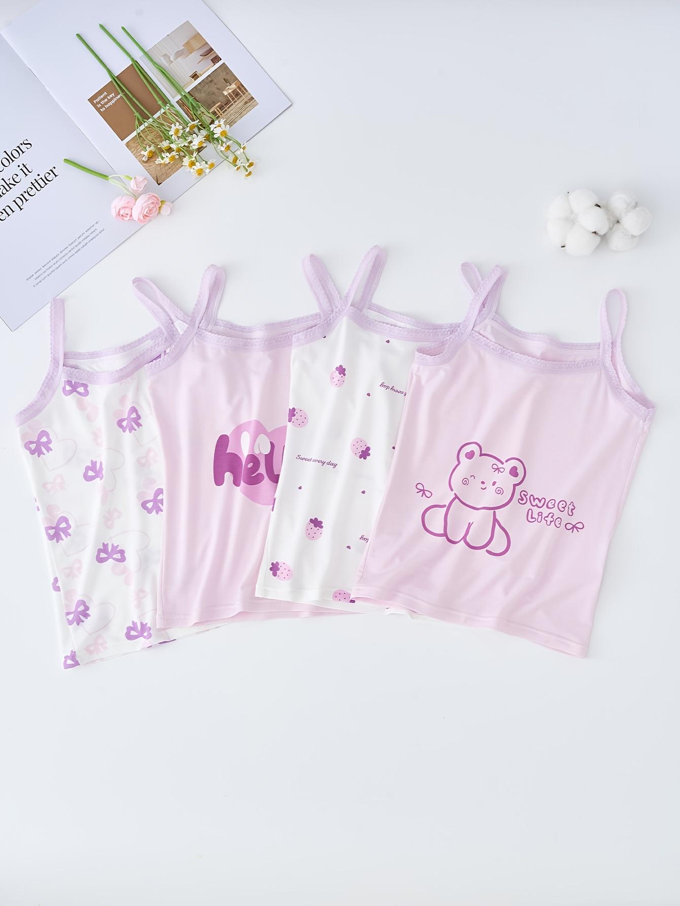 [4pcs Cotton Tank Tops] 4pcs Cotton & Polyester Girls' Tank Tops |             Cartoon Patterns, Medium Stretch, Knit, Regular Fit, with Contrast Lace Detail |             Casual & Wear, All-Season Vest Tanks Ages 12 and Under,-Resistant