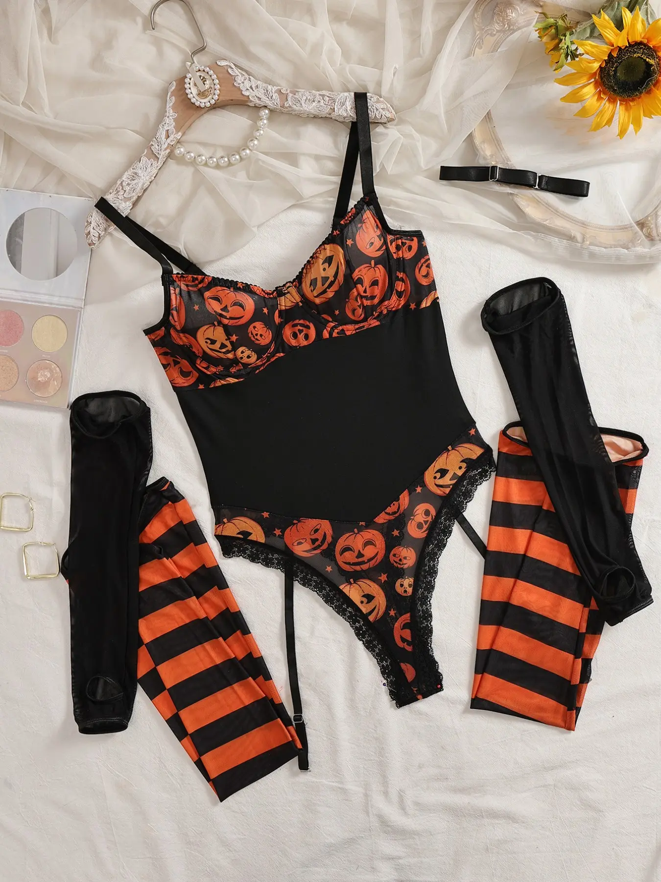 Halloween Pumpkin Print 4 Piece Lingerie Set, Kinky Lingerie, Spaghetti Strap Mesh Teddy, Striped Thigh High Socks, Long Mesh Gloves, Plus Size S-4xl