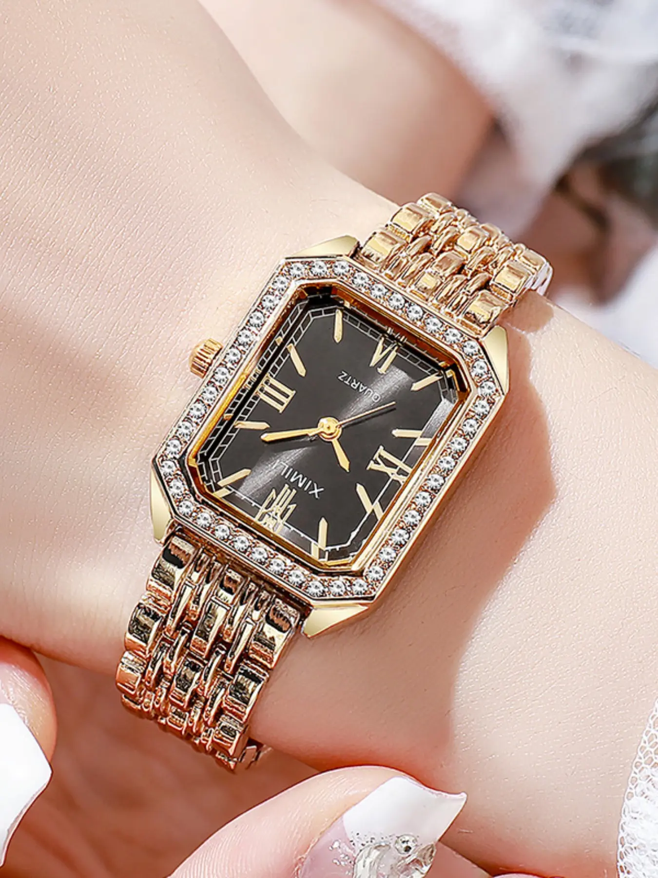 Luxury Diamond-Embedded Rectangular Quartz Watch, Inlaid Diamond Watch, Elegant Ladies' Wristwatch, Perfect for Daily and Party Wear, Ideal Gift for Girlfriend or Wife