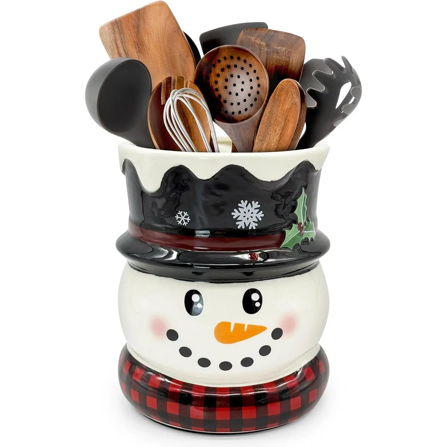 Christmas Kitchen Decor, Snowman Christmas Ceramic Utensils Holder | Cute Utensils Holder, Xmas Ceramic Utensil Crock, Rustic  Indoor Kitchen Decorations, 6.3 Inches