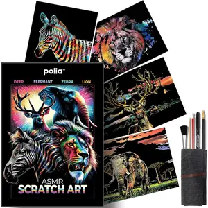 ASMR Glitter Scratch Art Set, 5 Pack 16x11 Inches Large Canvas, 4 Animal Patterns 1 Freestyle Sheet, with Toolkit & Repair Pen, Satisfying Relaxing Etch Sound Art Kit