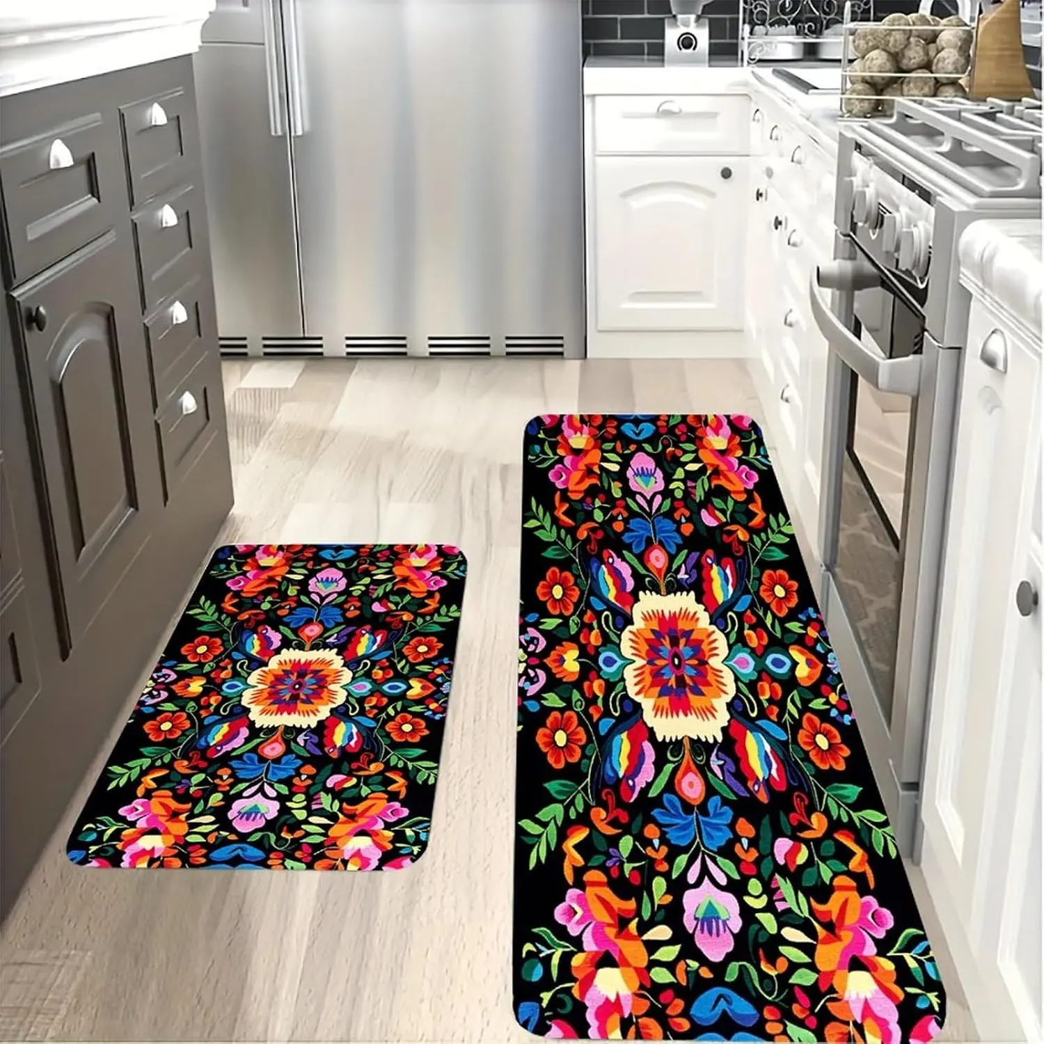 Mexican Floral & Butterfly Anti Fatigue Kitchen Mats 2 Piece Set, 20x47 + 16x24 Inch Cushioned Non-Slip Waterproof Washable Floor & Standing Desk Mat for Kitchen, Laundry, Office