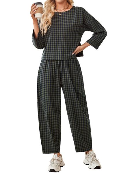 Women's Fall Casual Plaid Print Set, Loose Fit Long Sleeve Top & Elastic Waist Wide Leg Pants Two-Piece for Home Wear, Clothes