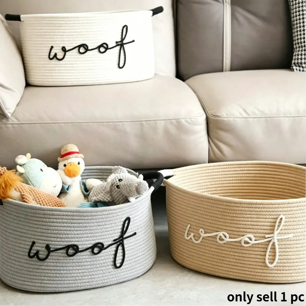 Woven Pet Storage Basket with "Woof" Embroidery, Stackable Organizer for Cat & Dog Toys, Blankets & Leashes, Equipped With Carry Handles