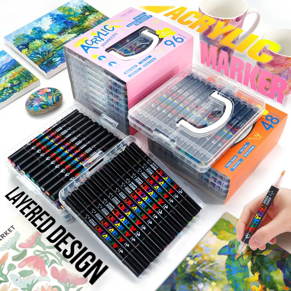 12-120 Color Dual-Tip Acrylic Markers Set, Large Capacity, Smooth Flow, Strong Coverage, Stackable Storage Box, Ideal for DIY, Sketching, Notebooks, Cards, Art