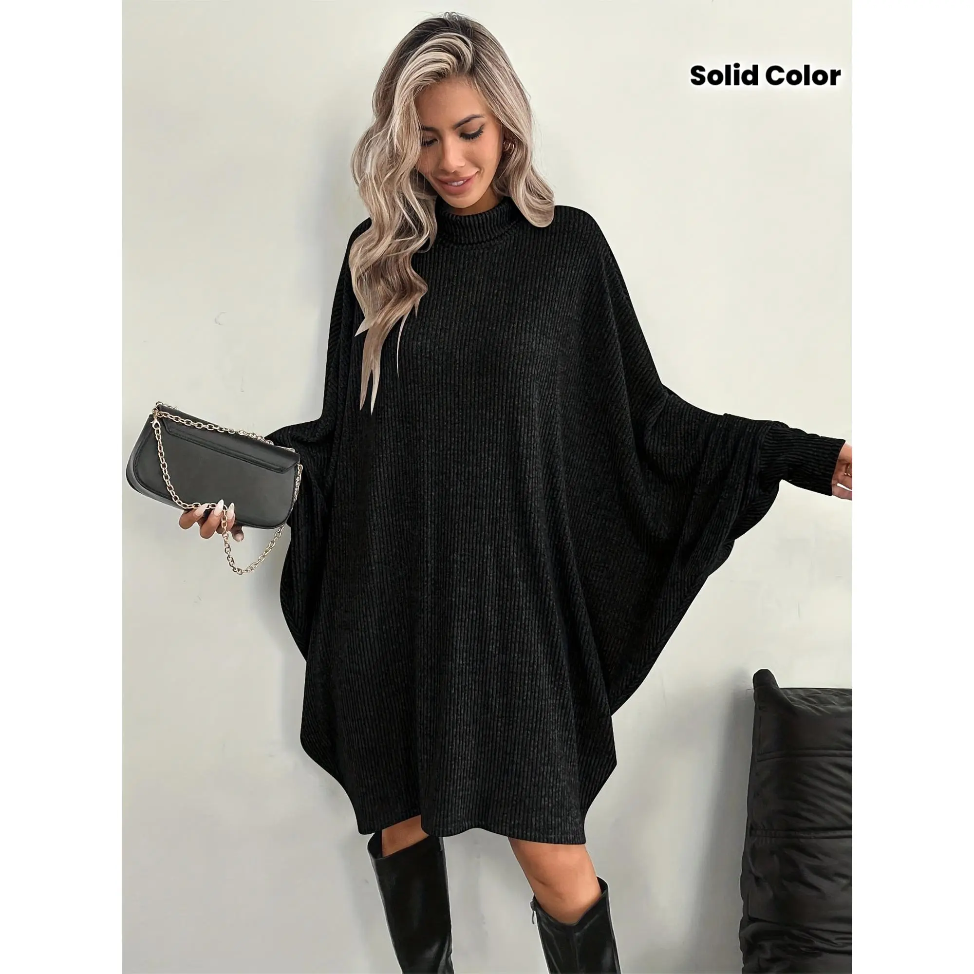 Women's Casual Elegant Solid Color High Neck Batwing Long Sleeve Dress, Polyester Fabric, Knit, Tunic