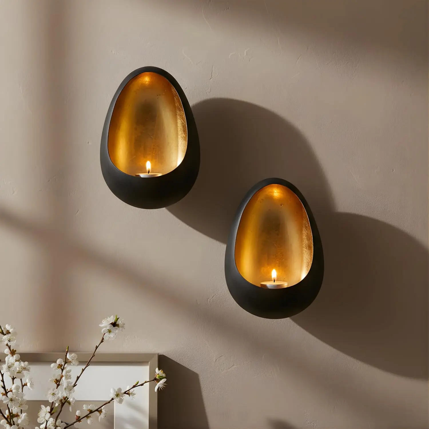 Ember Metal Wall Candle Sconce Set of 2 Handcrafted Decorative Tea Light Holders for Living Room Gold