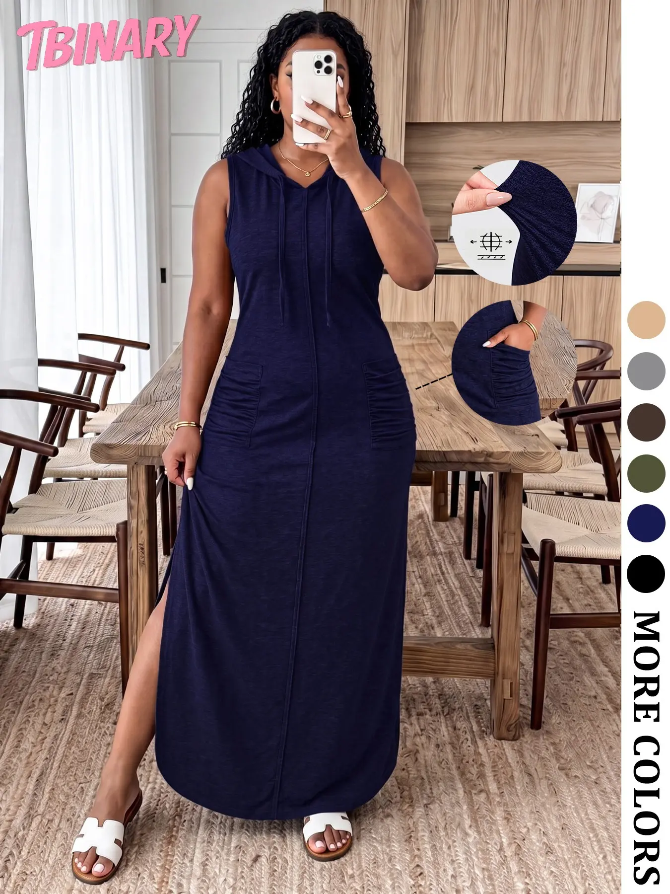 Women’s Fall New Arrivals Multicolor High Stretch Hoodie Maxi Dress, Soft Sleeveless Loose Fit Long Dress with Pockets, Comfy Chic Casual Outfit for Travel, Everyday Wear, Weekend Style & Airport Look, Fall to Summer, Womenswear