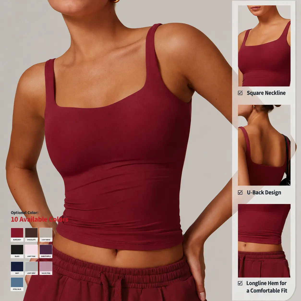 Women’s Square Neck Workout Tank Top – Brushed Nylon Spandex Fitted Yoga Camisole, Quick-Dry Stretch Sleeveless Longline Crop Top for Gym, Running, Pilates and Everyday Wear