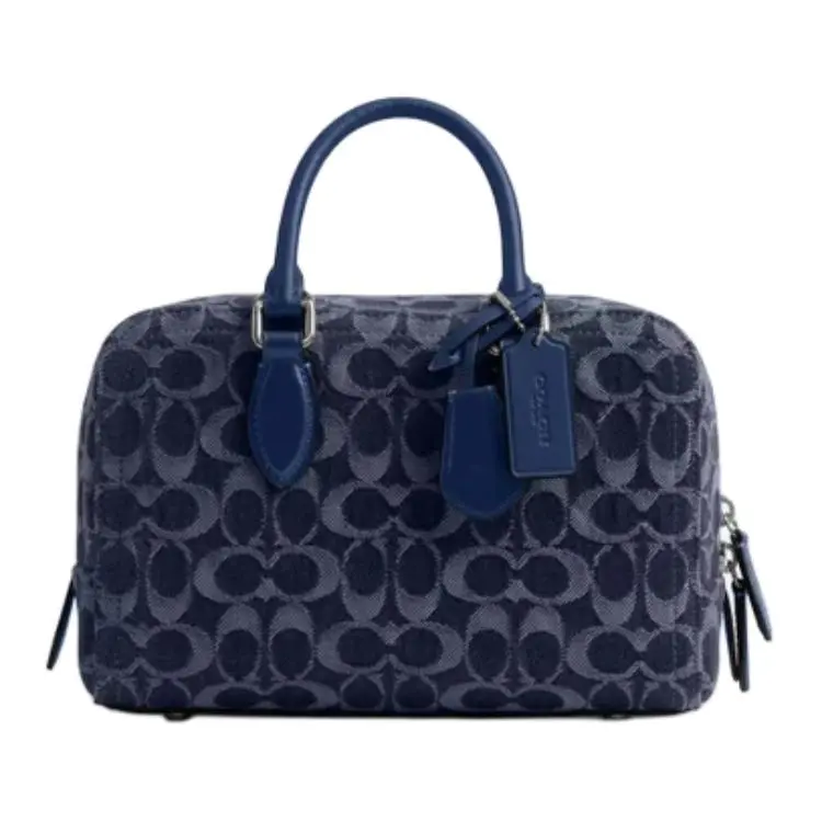 COACH Bowery 24 Signature Zip-Top Crossbody Handbag for Women – Denim and Calfskin Blend, Medium Size, Deep Blue