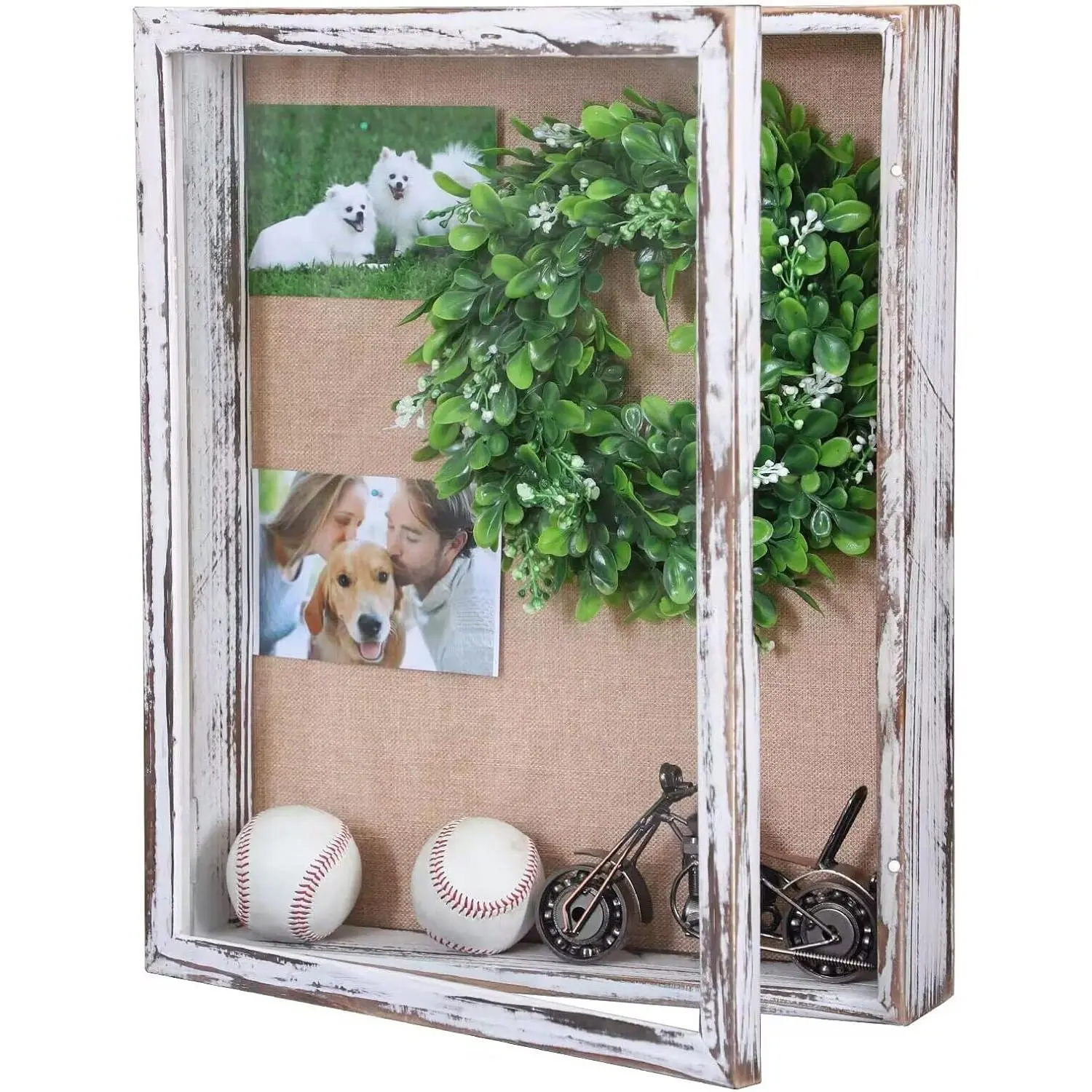 Shadow Box Frame16x20,  Shadow Boxes Display Cases with Hinged Door, Memorial Shadow Box Frame for Baseball Bouquet  Wedding Jersey Medals Antique  -Rustic White