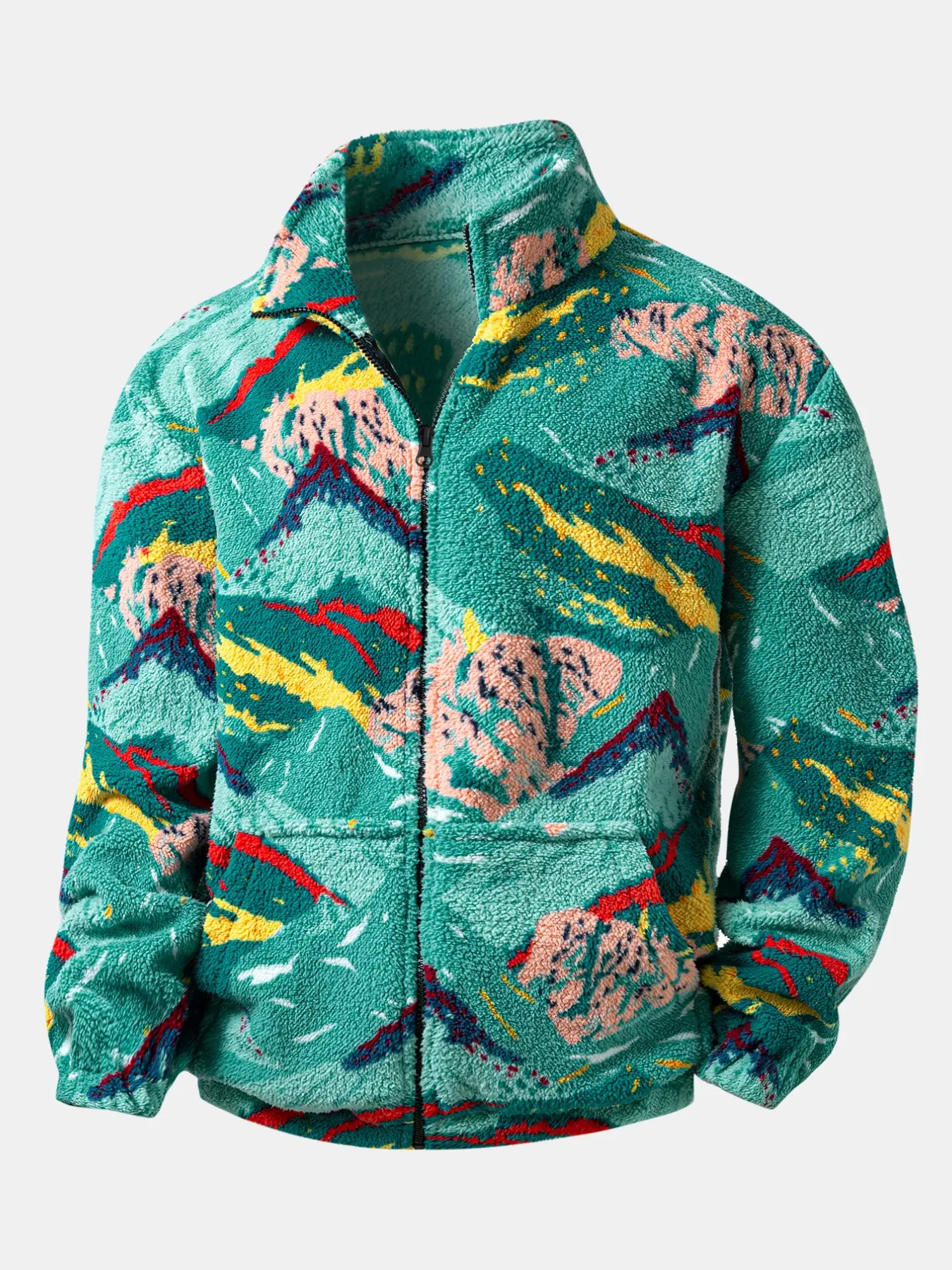 Winter Warm Mountain-Print Plush Fleece Jacket for Men, Full Zip-Up Stand-Collar Fluffy Coat, Cozy Outerwear for Camping, Hiking, Daily Wear