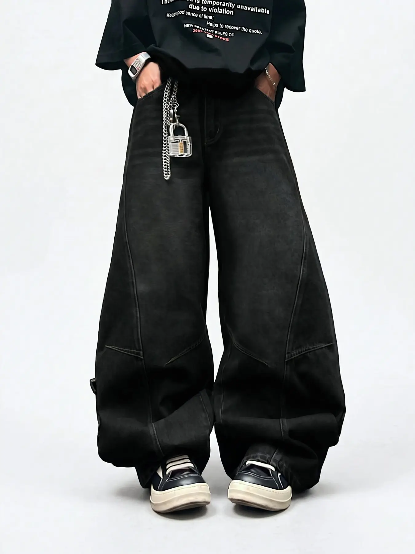 Men's High Street Wide Leg Jeans, Washed Vintage Banana Cut, Fashion Scythe Pants, Loose Fit, All Seasons, Plain Surface