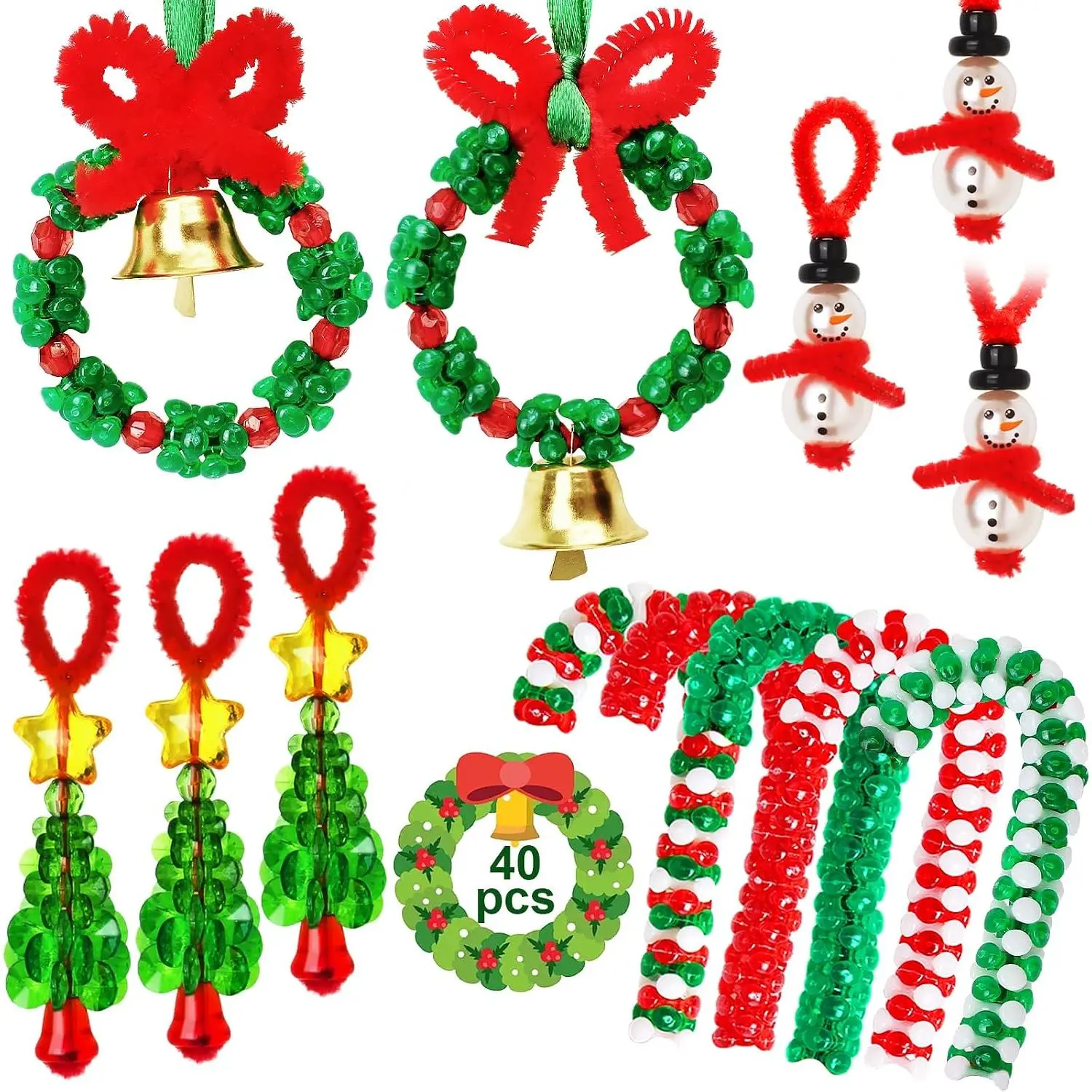 Christmas Crafts for Adults,40 Sets Beaded Ornament Kit,Including 20 count Wreath with /5 Pcs Snowman/5 Pcs Christmas Tree/10 Pcs Candy Cane,Holiday Tree Decorations