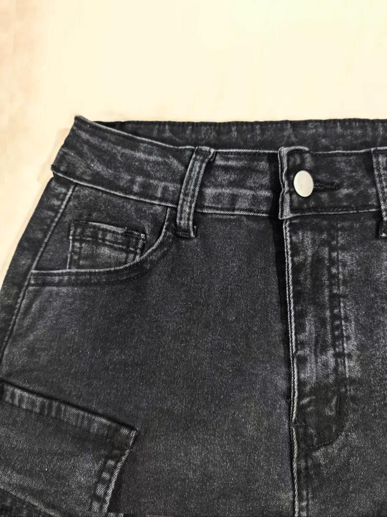 Women's Washed Denim Cargo Pocket Shorts - Y2K Functional Street Style - Comfortable Stretchy Fitted Fabric with Tummy Control