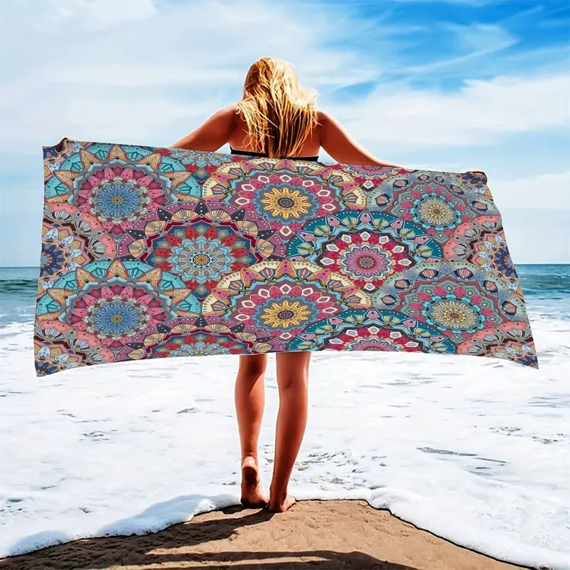 Bohemian Pattern Microfiber Beach Towel with Vibrant Rose & Mandala Prints, Absorbent Soft Portable Large Bath Towel for Pool, Camping, Travel, Customizable Home/Bathroom Essential ultra