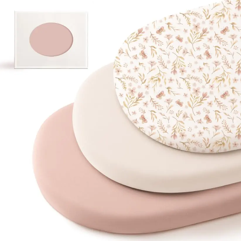3 Pack Stretchy Bassinet Sheets  Baby Girl Boy, Soft Breathable Baby Bassinet Mattress Sheets   Hourglass Oval Cradle, Moses Basket Rectangle Mattress (Pink Spring)