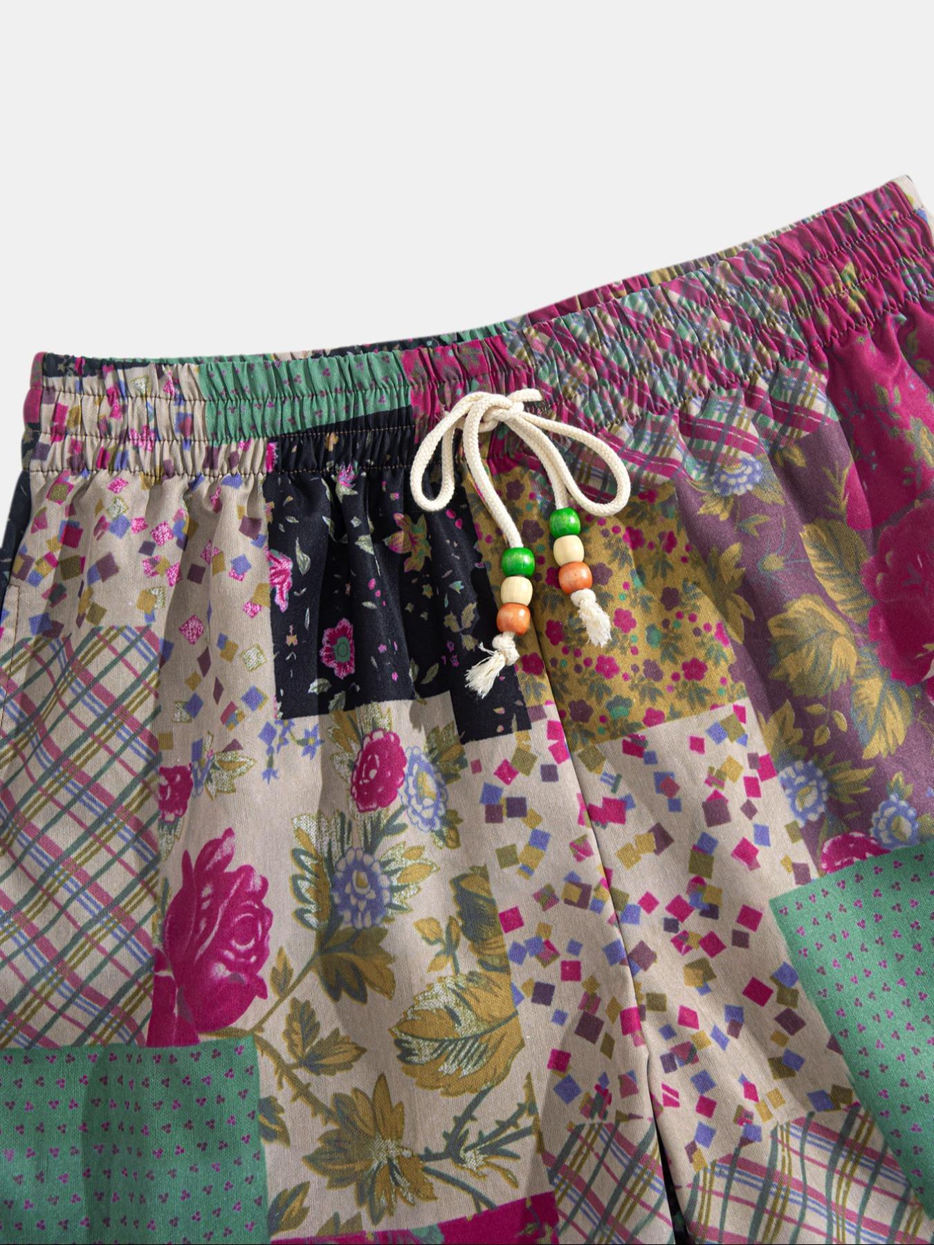 Men's Patchwork Print Shorts, Casual Streetwear Shorts, Casual Comfy Loose Fit Drawstring Shorts for Summer, Men's Bottoms for Beach Vacation