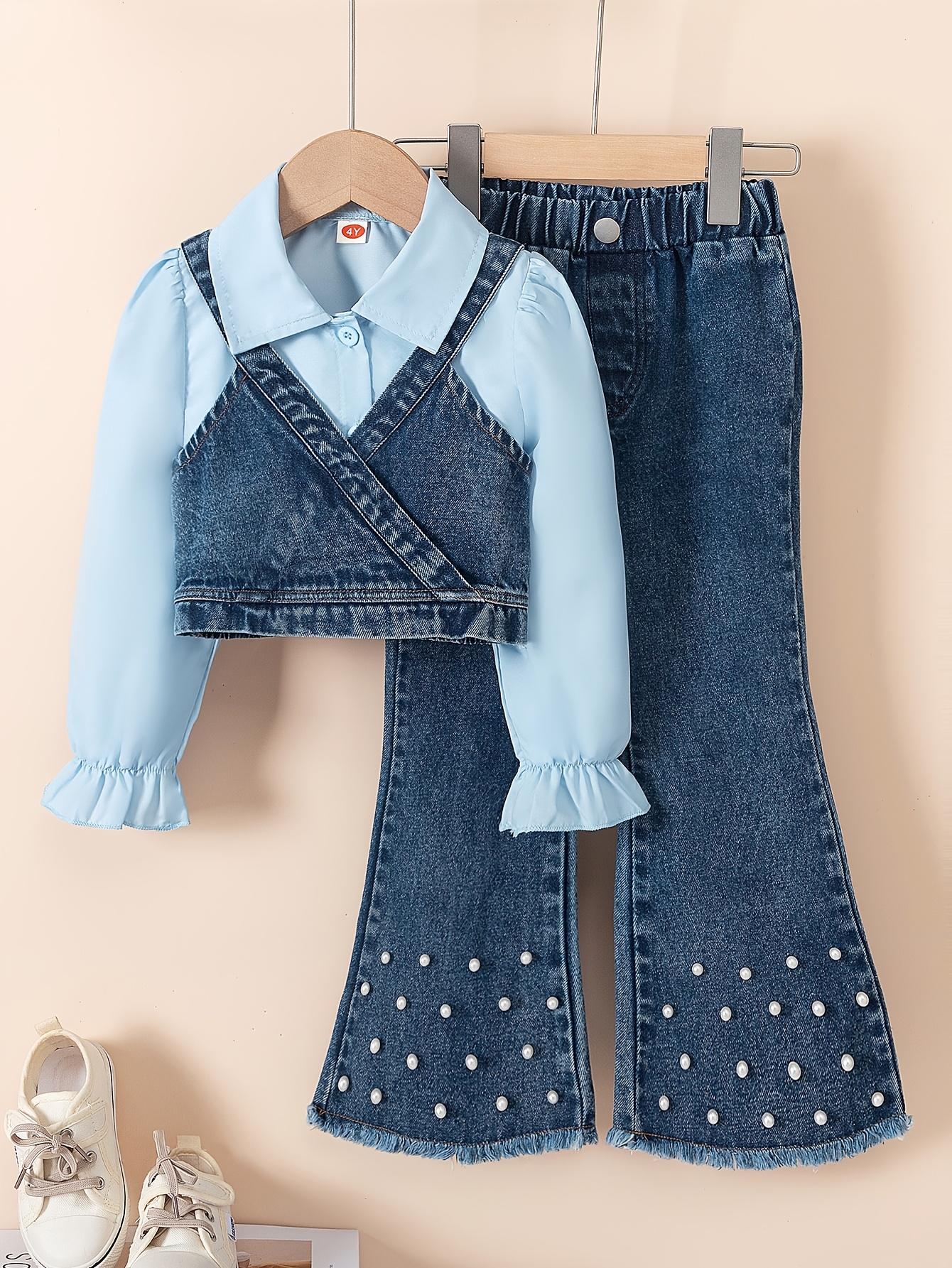 (New)3pcs Set for Girls: Solid-Color Long Sleeve Shirt, Denim Vest, Bead-Decorated Flared Bell-Bottom Jeans |     Casual Daily Wear, Non-Stretch Fabric, Regular Fit, for Outdoor(Gift)11