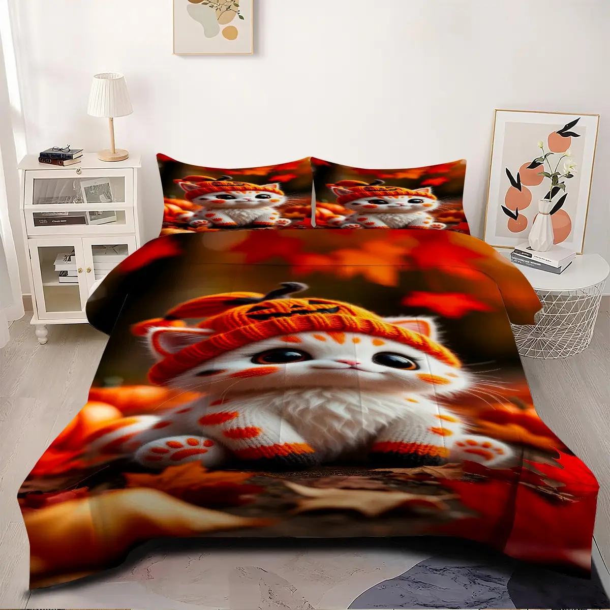2/3-Piece Kitten Print Quilt Set (includes 1 quilt and 1 or 2 pillow shams; pillow inserts not included). Stylish Halloween-themed bedding featuring a quilted design—perfect for decorating master bedrooms and guest rooms; warm yet breathable.