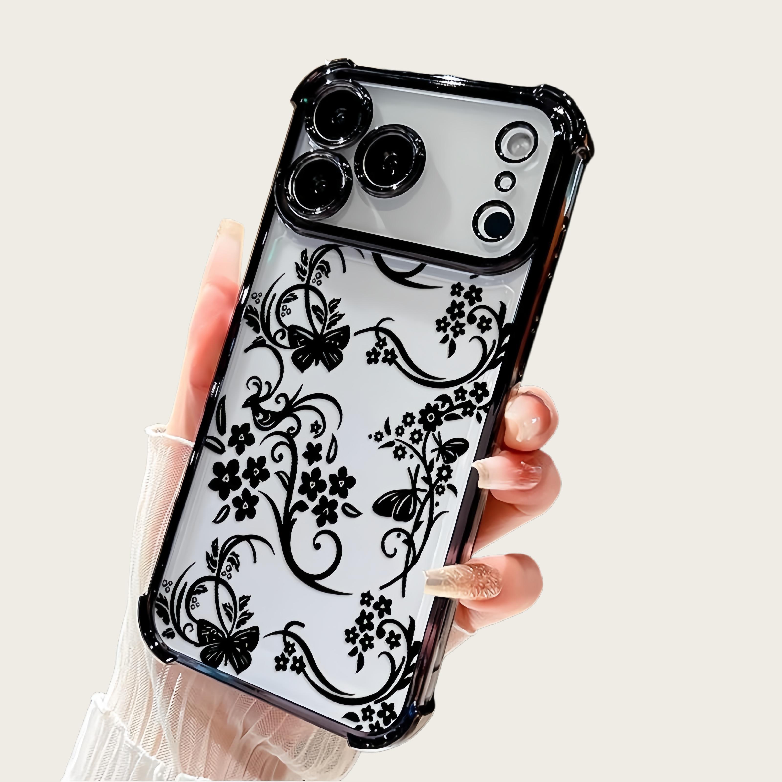 Elegant Floral Vines Pattern Four Corner Anti-Fall Phone Case Transparent Electroplated Protective Cover for iPhone 17 Pro Max Air 16 15 Plus 14 13 12 11 E Slim Lightweight TPU Case with Full Lens Protection