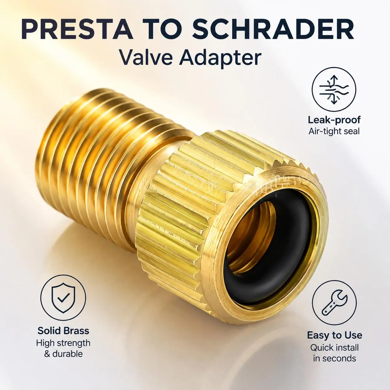 Precision CNC-Machined Presta-to-Schrader Valve Adapter for Road Bikes, Compatible with Floor Pumps and Air Compressors, Durable Brass Construction with Leak-Proof Sealing for Reliable Tire Inflation