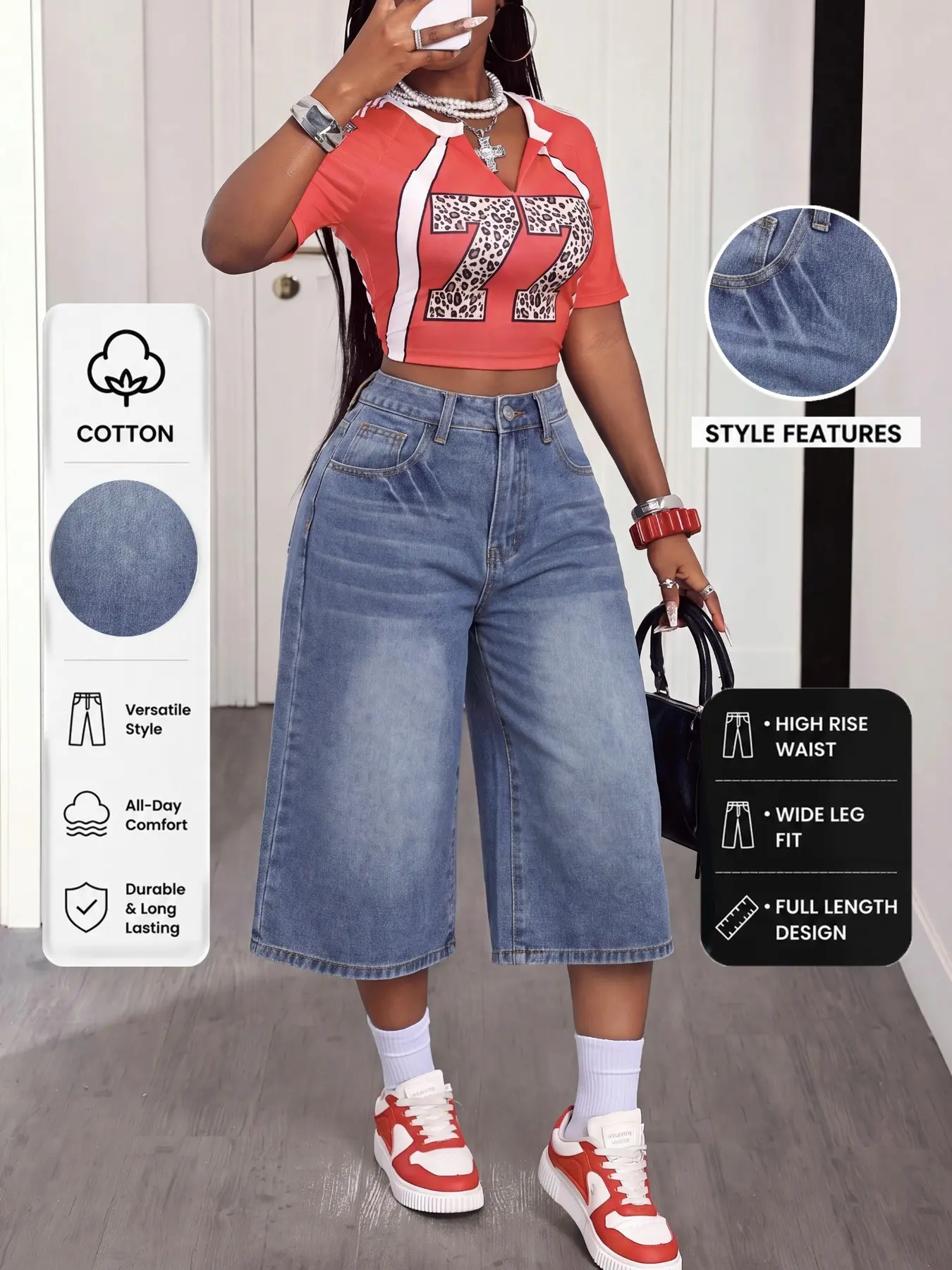 Women's High Waist Wide Leg Cropped Denim Jeans, American Trendy Loose Fit Denim Capri Pants for Shopping & Daily Outings High Waisted Denim