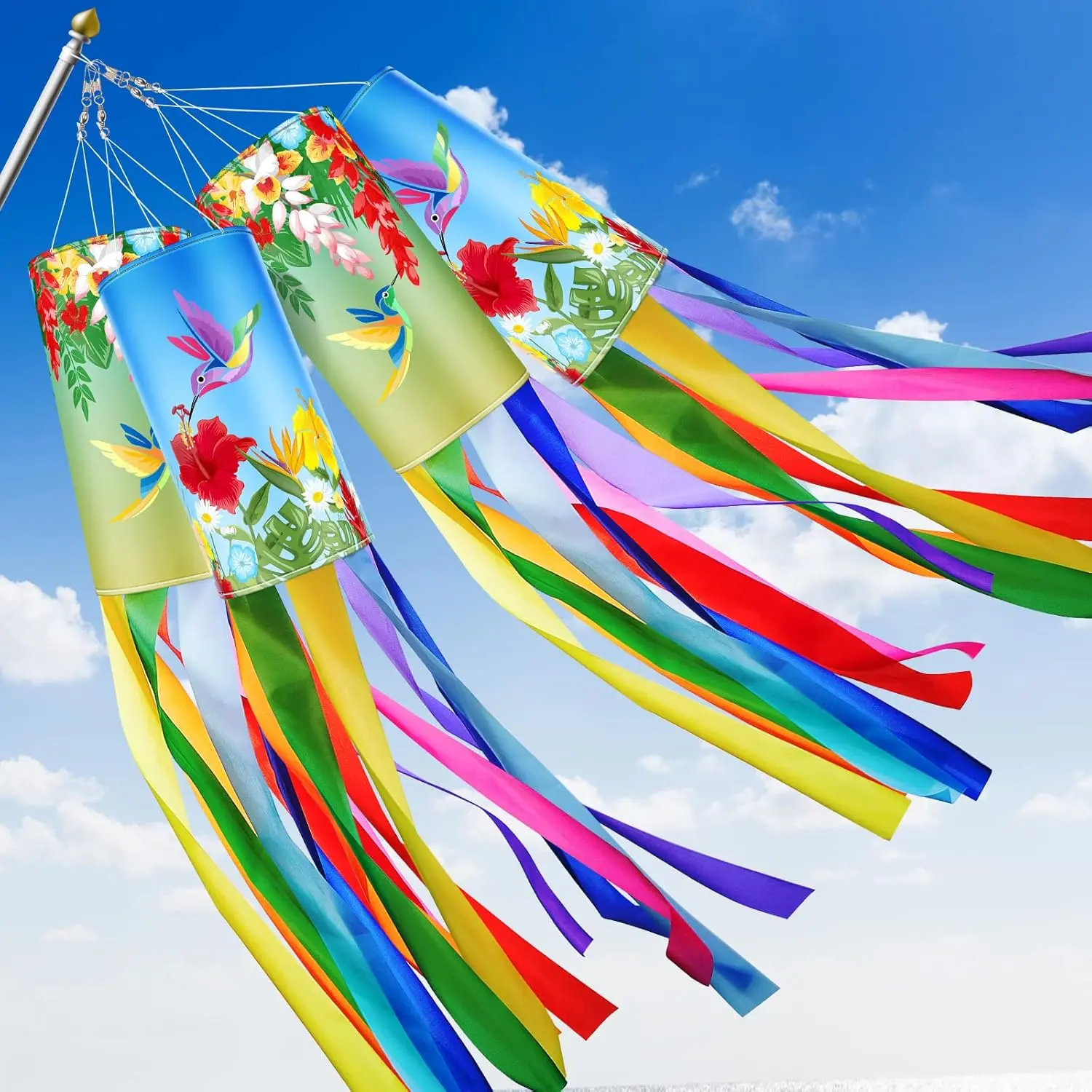 4 Pcs Wind Socks for Outside Heavy Duty 40 Inches Rip-Stop Polyester Decorative Spring Summer Hummingbird Windsock with Streamers Hanging Decor for Wall Tree Front Patio Lawn Garden