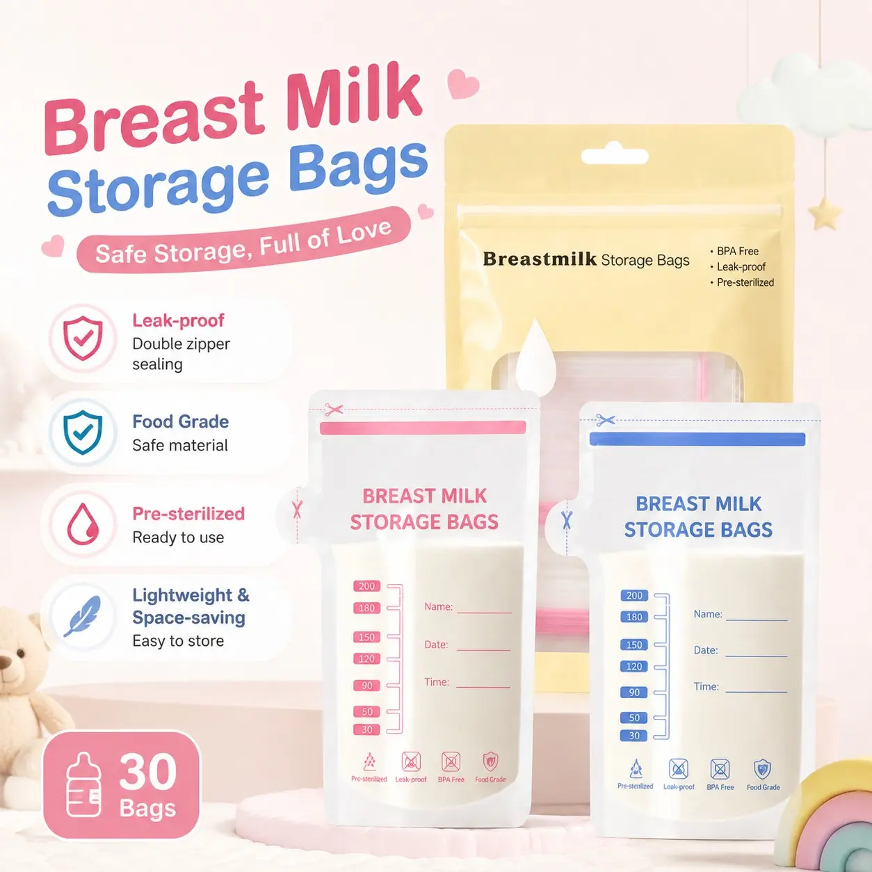 30 Pcs Breast Milk Storage Bags, 150ML/100ML/200ML/250ML, BPA-Free Leak-Proof Freezer Bags, Ideal for Safe Milk Preservation