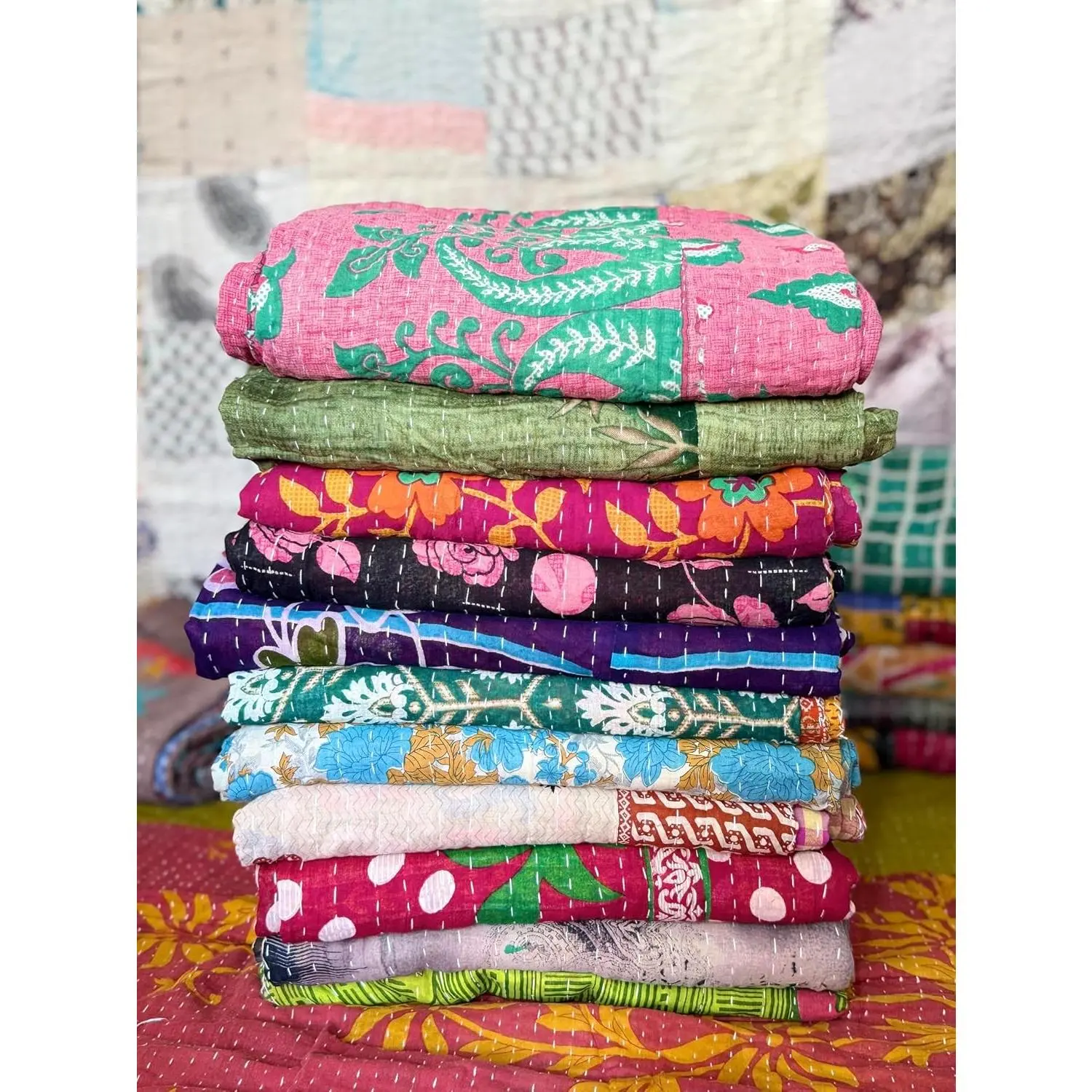 2-Piece Handmade Indian Vintage Kantha Quilts Reversible Bohemian Home Decor Blanket Assorted Color Twin Size 85x55 Inches