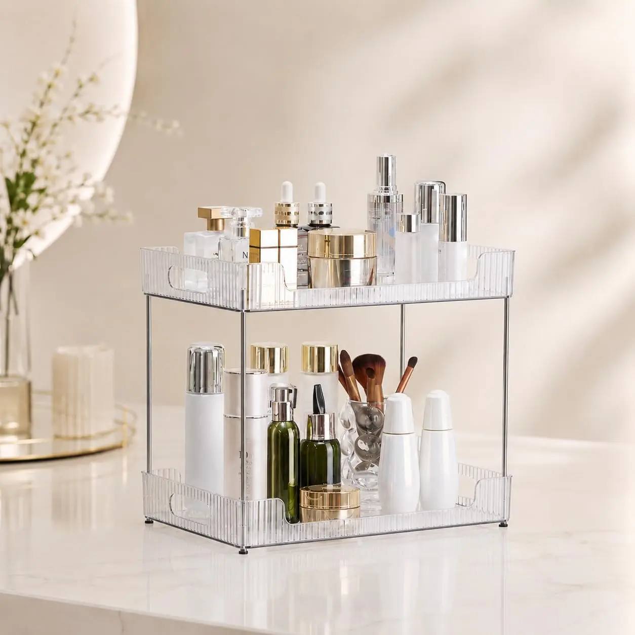 2-Tier Bathroom Counter Organizer, Multi-Purpose  Skincare Shelf, Fits A4 Size Makeup Organizer for Office and  Tray, Countertop Storage Solution for Kitchen,Bath.(Clear)