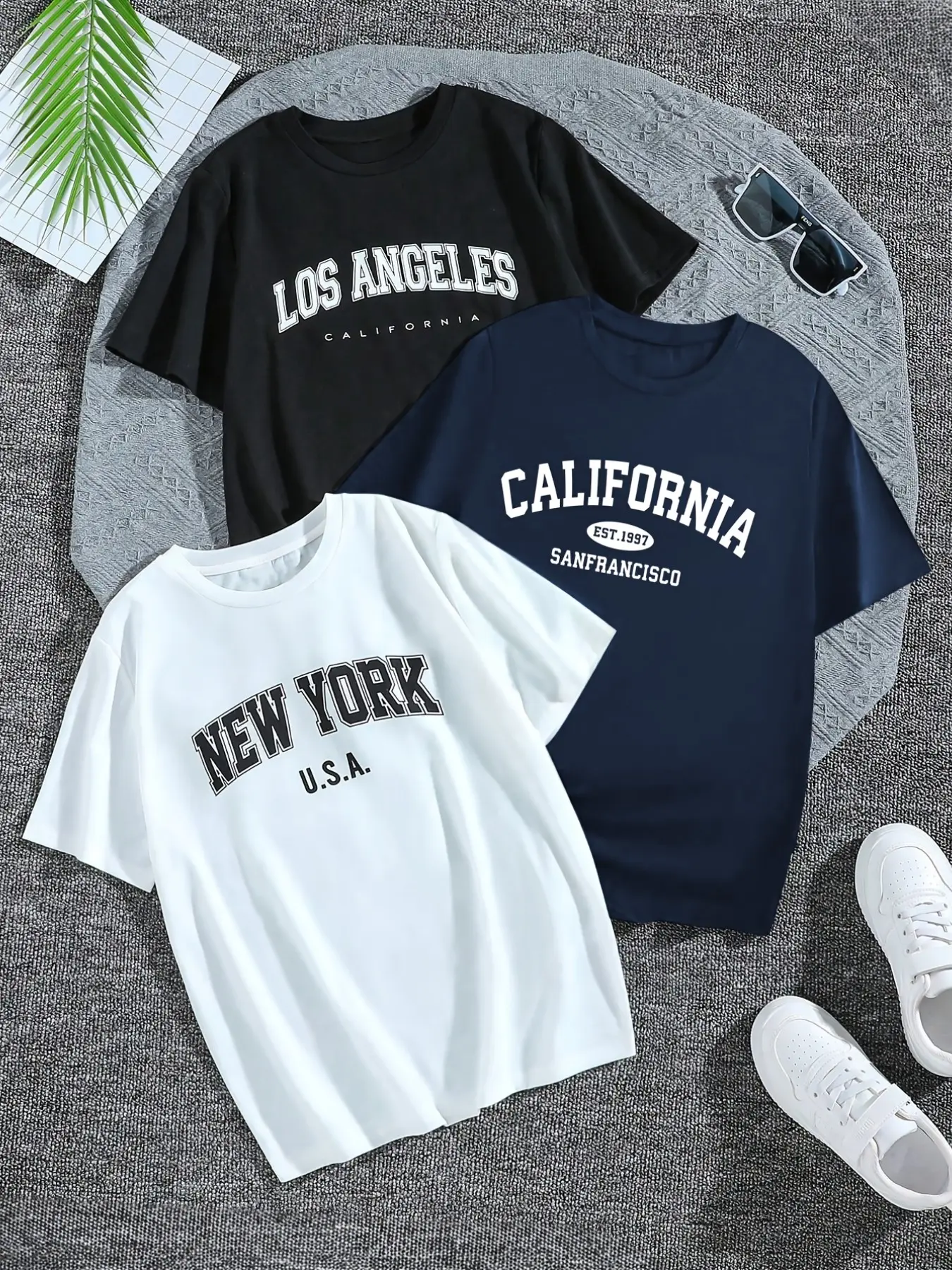 Women's 3-Piece Set T-Shirts, California New York La Pattern Short Sleeves, Soft Casual Round Neck Tops, All Seasons