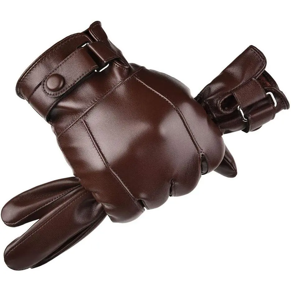 Men's Winter Autumn Black Brown Smooth PU Leather Plus Thick Velvet Touch Screen Gloves(Gift)