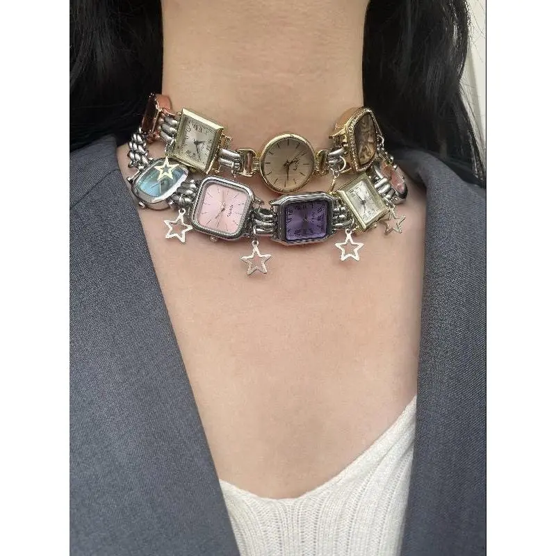 Unisex Steampunk Choker - Antique Finish Multi-Shape Watch Dial, Anti-Allergy Alloy, Oxidation Resistant Plated, Handcrafted Spliced Metal Collarbone Chain, Adjustable Snap Street Style Neck Jewelry for Daily Casual Outfits, Square, Multi-Strand Choker Ne