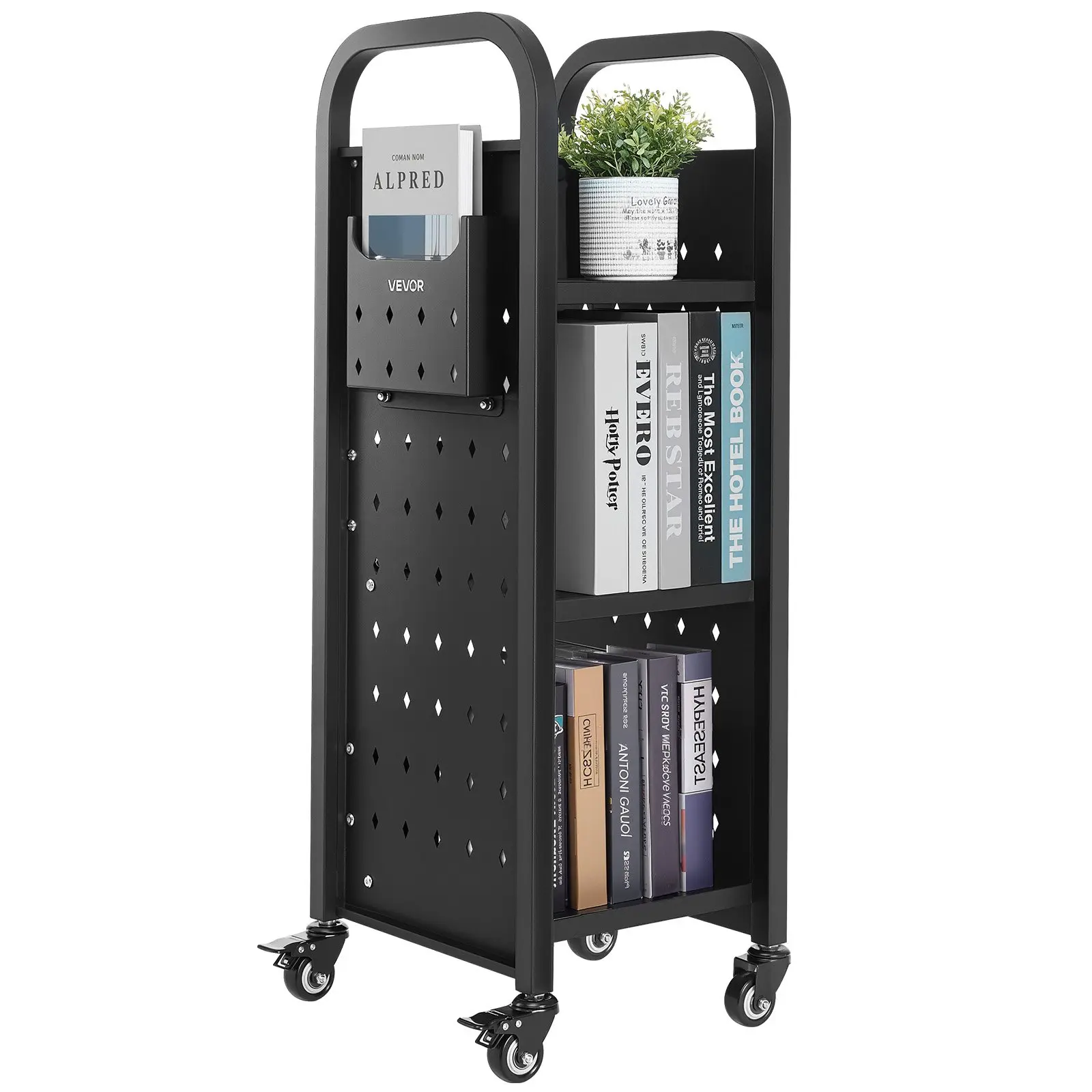 VEVOR Rolling Library Book Cart, 220 lbs Capacity, 12.6x 13.8x 36.8-Inch Library Cart, Single Sided L-Shaped Shelves with 2-Inch Lockable Wheels, Book Truck for Home Shelves Office and School, Black
