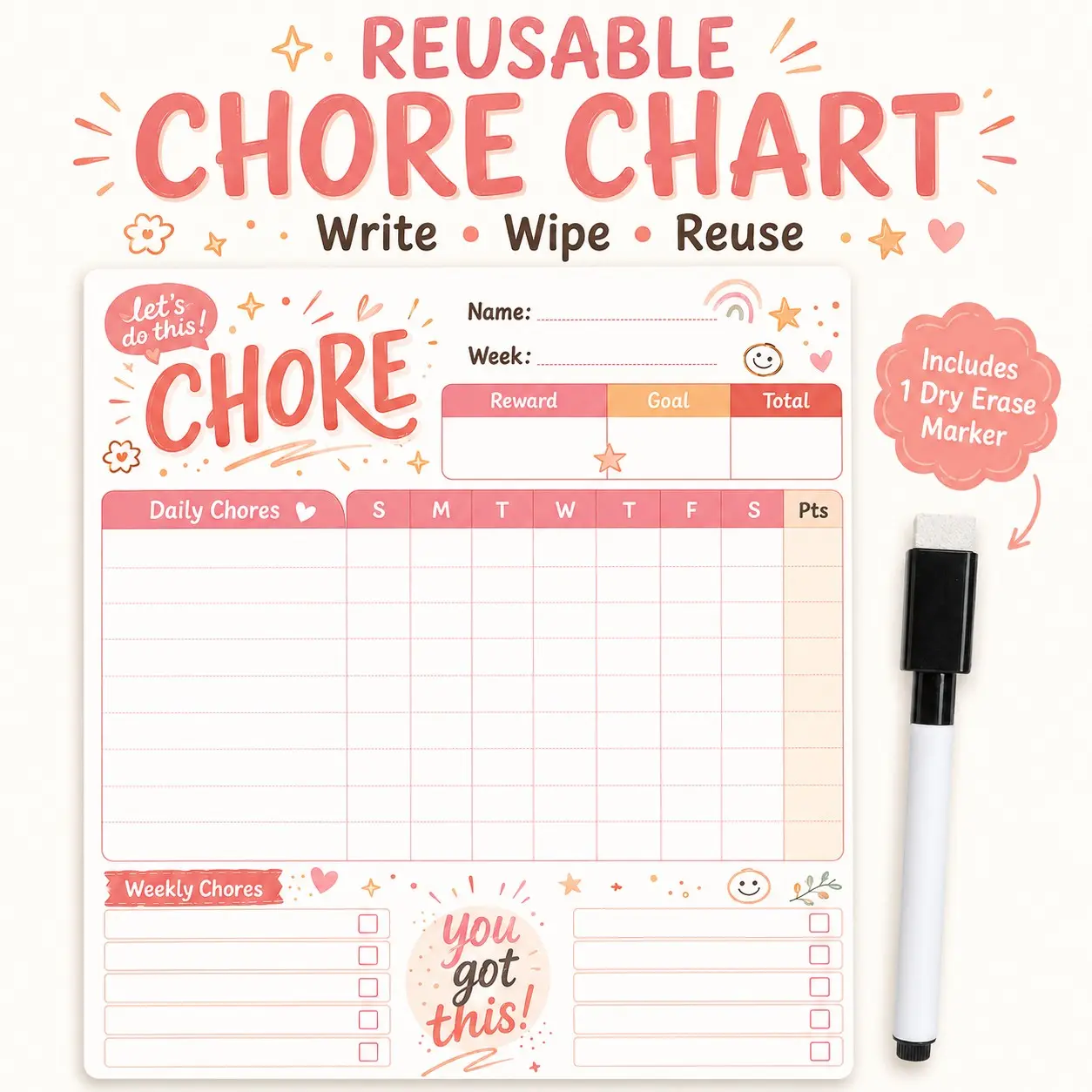 Reusable Whiteboard Chore Chart with Marker, Tear-Off Weekly Task Planner, Home Planner, Ideal for Daily Chores, Goals, Rewards, and Family Reminders