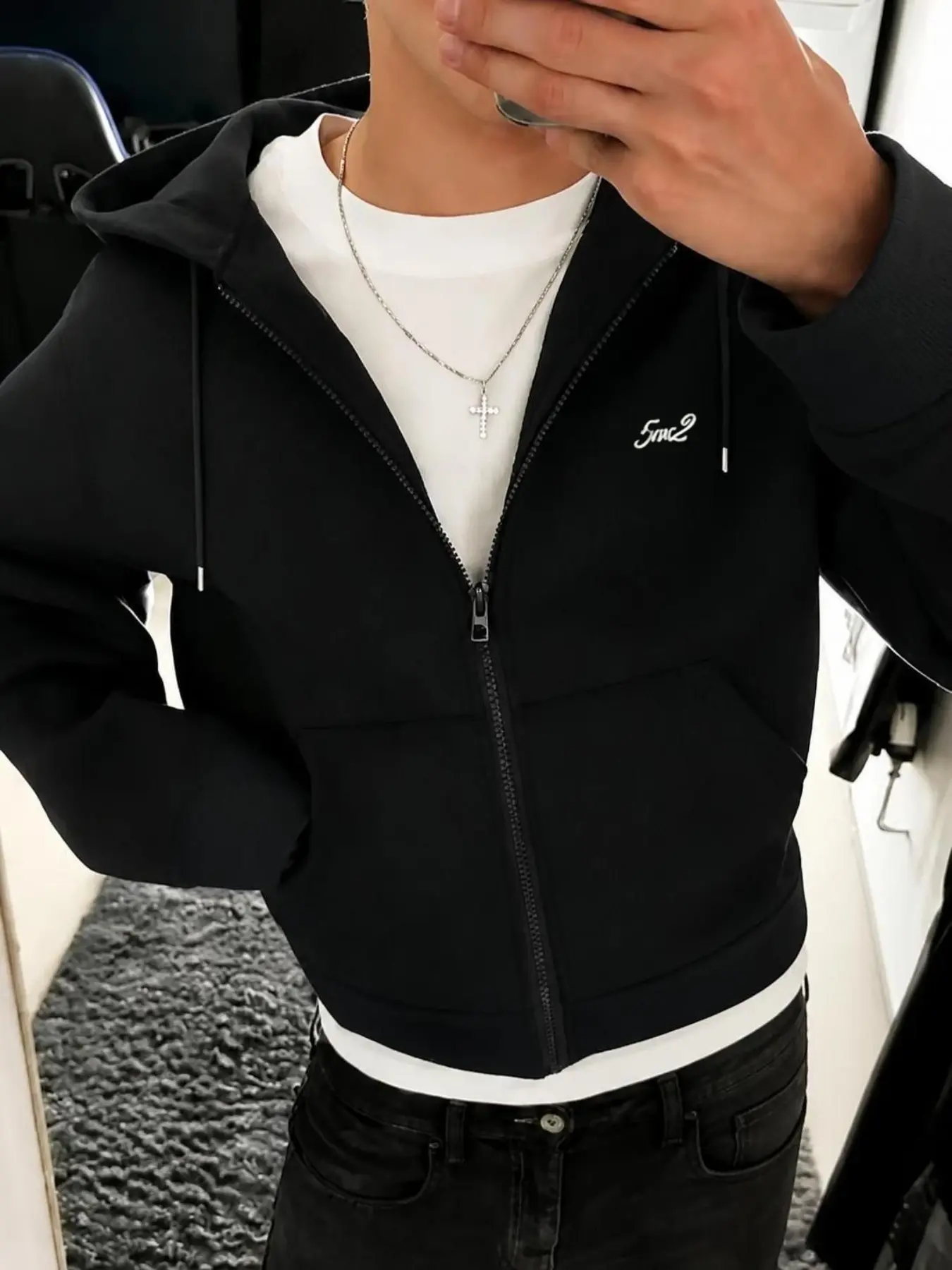 Men's Solid Cropped Zip Up Hoodie, Minimal Small Cursive Embroidery Hooded Jacket With Drawstring And Kangaroo Pocket, Slim Short Length Basic Streetwear Sweatshirt, Versatile Outerwear For Spring Autumn Layering, Daily Commute, Clean Fit And Casual Stree
