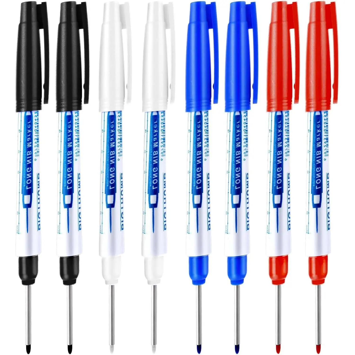 8-Count Deep Hole Permanent Marker Pens with 34mm Quick-Dry Ink, Long Nib, ABS Shell - Carpentry Tools for Construction Professionals