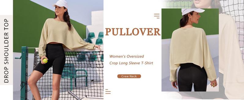 Fashare Womens Long Ballon Sleeve Sweatshirts Tops Cropped Crew Neck Loose Fit Casual Workout Shirts