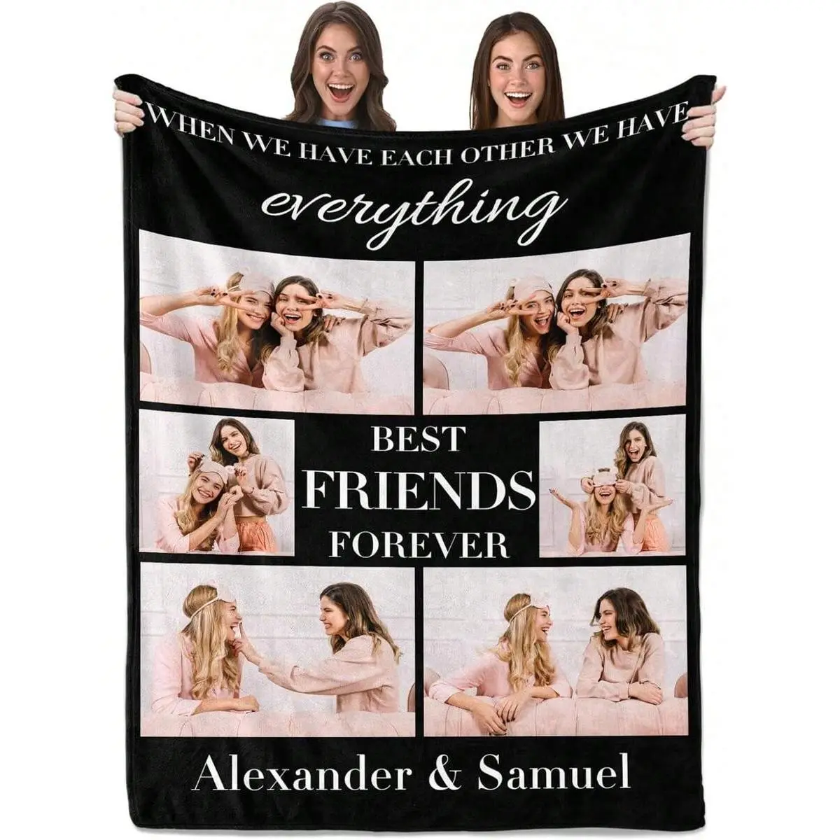  ﻿   Custom 6 Photo Black Border Best Friends Throw Blanket, Top & Middle Friendship Quote Personalized Name Flannel  Blanket # blankets