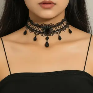 Vintage Gothic Black Lace Choker Necklace for Women | Victorian Crystal Pendant Tassel Neck Chain | Retro Goth Aesthetic Jewelry Accessories | Elegant Party Clubwear Necklace