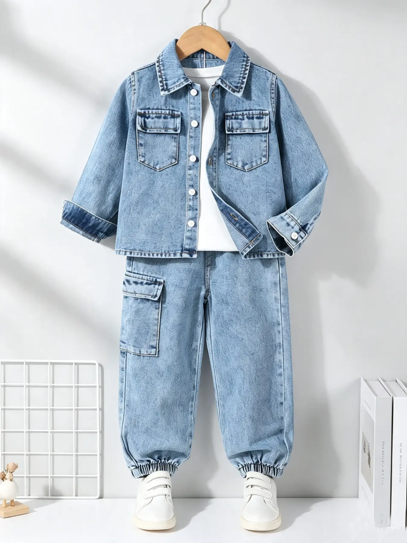 Boys' Denim Set, Fall Winter New Arrival, Casual College Style, Light Wash Blue, Comfortable Loose Fit, Ideal for Daily Wear, School, Events, Outfits Set