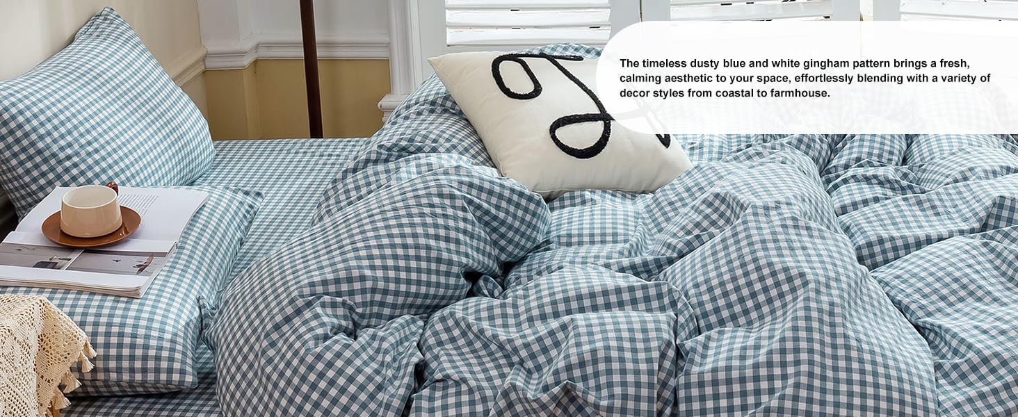 EAVD Blue Gingham Comforter Set Full Soft White and Blue Bedding Set with 2 Pillowcases Grid Comforter Set Reversible Farmhouse Gingham Bedding Set for All-Season